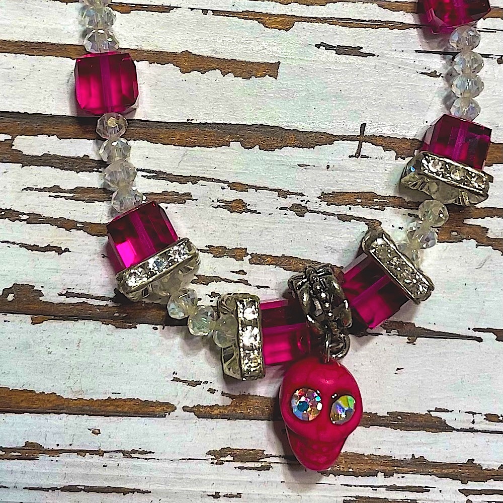 Pink Crystal Skull Pet Necklace 12”